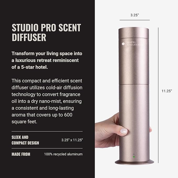 Hotel Collection Studio Pro Essential Oil Diffuser - 600 sq ft Coverage Wired &amp Portable with Remote - Cold-Air Diffusion - Only Works with Pro Pod Bottles - Champagne