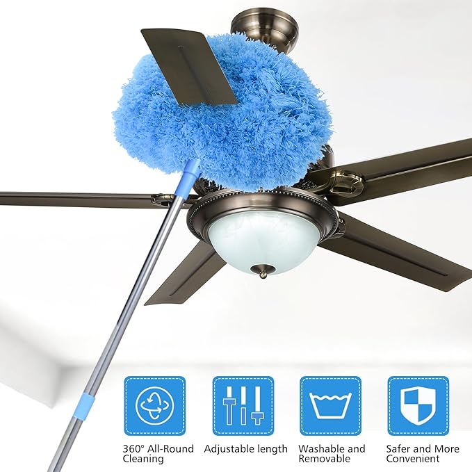Ceiling Fan Cleaner Duster &amp Cobweb Duster with Extension Pole 15 -100 Reusable Microfiber Ceiling Fan Blade Cleaner Removable Duster (Blue) for Cleaning High Ceiling Fan Interior Roof Spider We