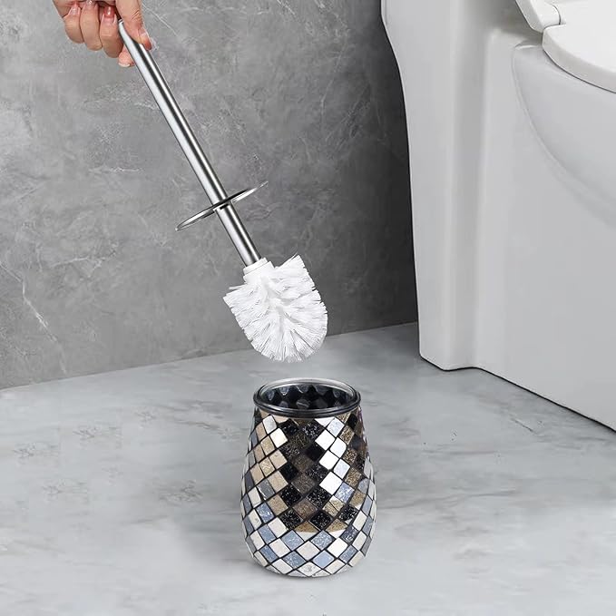 Escenzy Modern Toilet Brush and Holder Set Mosaic Glass | Non-Rustic Stainless Steel | Practical &amp Decorative Toilet Bowl Brush and Holder | Luxury Black and Gold Bathroom Accessories