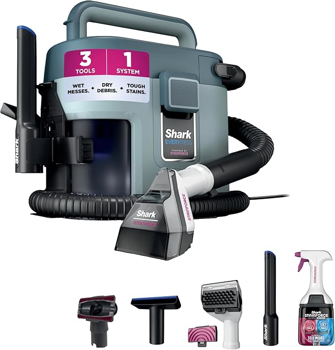 Shark EveryMess Ultra-Powerful 3-in-1 Wet Vac Dry Vac &amp Stain Eliminator with StainForce Technology Perfect for Homes Pets and Cars 3 Accessories and Cleaning Solution Gray VX101