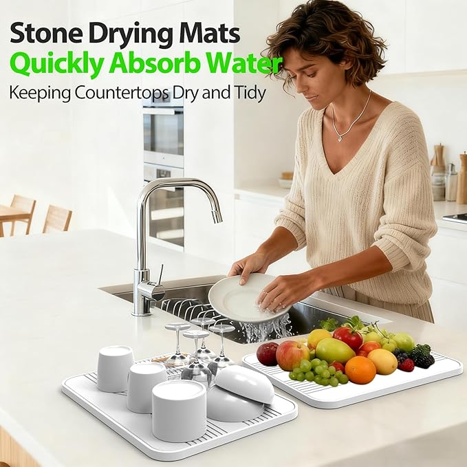 2 PCS Stone Dish Drying Mat ＆ Silicone Mat for Kitchen Counter – Diatomaceous Earth Bath Mat for Bathroom 16.14L×12.4W×2 Quick Dry Mats for Dishes Bottles Cups Match Any Countertop(White)