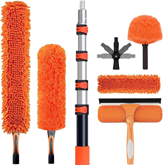 26FT High Reach Duster Cleaning Kit with 5-20 FTExtension Pole High Ceiling Fan Cleaner Duster Tool for Fan Blades Extendable Reusable Cobweb Feather Window Cleaning Squeegee Kit (20FT)