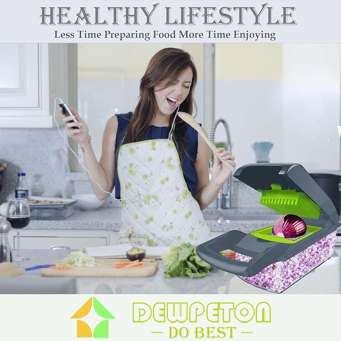 Vegetable Chopper Dicer with Container | Cheese Grater Mandoline Slicer Cabbage Shredder French Fry Cutter Stainless Steel for Veggie Onion Potato Fruit Food Manual Hand Cooking Gadget for Kitchen