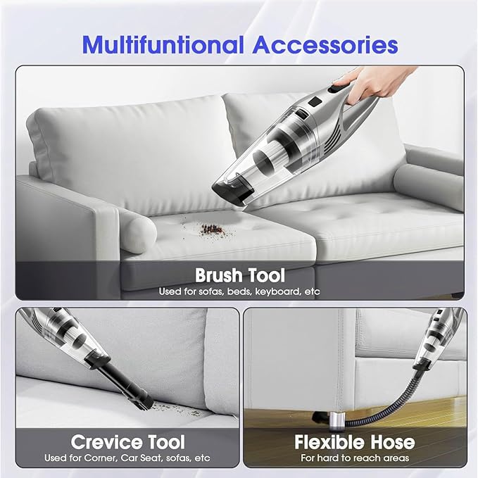 Car Vacuum Portable Cordless – 9000PA Strong Suction Lightweight &amp Rechargeable – Includes Multi-Nozzle Attachments for Car Home Office and Pet Hair – Compact &amp Powerful Grey Vacuum