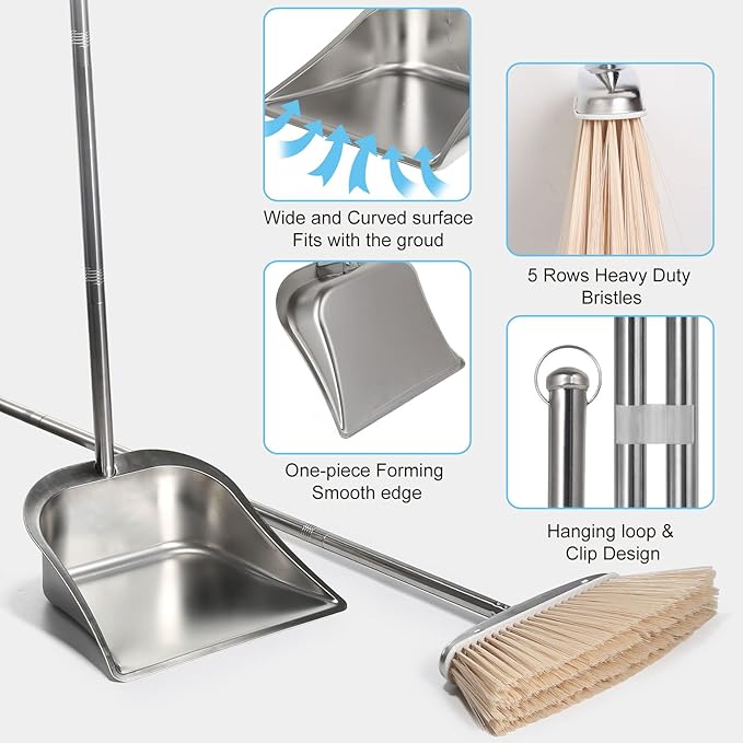 VOOWO Broom and Dustpan Set for Home Stainless Steel Broom and Dustpan Set with Long Handle Heavy Duty Dustpan Broom Set Standing Dust Pan Kitchen and Home Indoor Outdoor Broom