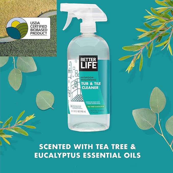 BETTER LIFE Bathroom Cleaner - Tea Tree Bathtub &amp Shower Cleaner Spray for Glass and Tile - Foaming Mold and Mildew Remover for Tub Works on Hard Water Stains - 32oz (Pack of 2)
