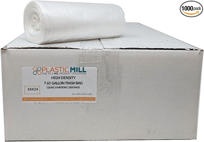 PlasticMill Heavy Duty Trash Bags - Clear Garbage Bags - Plastic Trash Bags - Kitchen Bathroom Office Garbage Bags Trash Can Liners - 7-10 Gallon Small Trash Bags 8 Microns 24x24 (1000-Count)