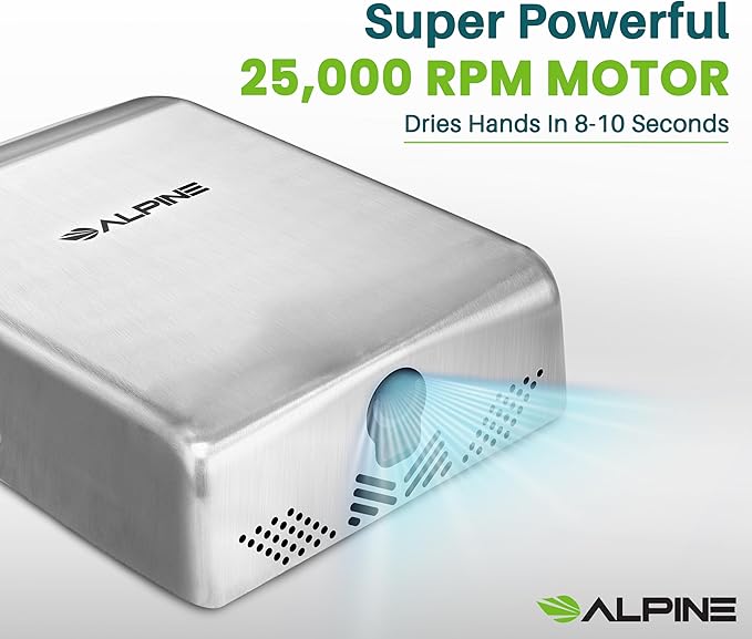 Alpine Commercial Hand Dryer with HEPA Filter 8 Seconds Extreme Speed Electric Hand Dryer for Home Bathroom/Restaurant with Heat &amp Speed Control - ADA Compliant (120V Stainless Steel)