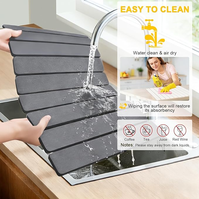 2 Pcs Large Stone Dish Drying Mat For Kitchen Counter 24×16 Collapsible Quick Stone Dry Dish Mat Absorbent Diatomaceous Earth Mats For Bottles Cups Match Any Countertop (Dark Gray 2 24 x 16)