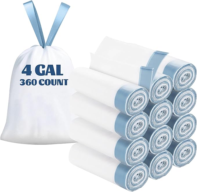 4 Gallon Trash Bags 360 Counts Extra Thick Small Trash Bags for Bathroom and Office Milky White Drawstring Trash Bag with Blue Handle Leak-Proof HDPE Waste Basket Liners 12 Rolls