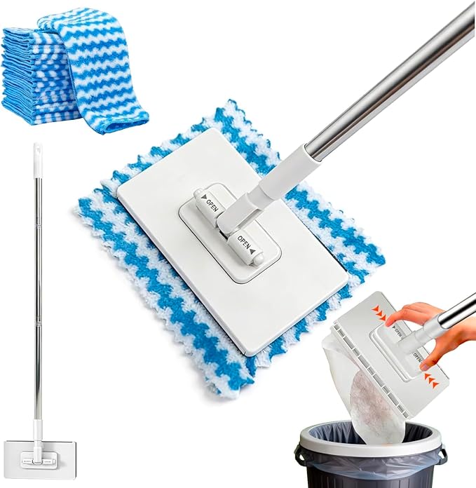 Mini Mop Zero Touch No Wash Lazy Mop with One-Click Cloth Change Compatible with Face Towels Adjustable for Wet/Dry Floors Tile Hardwood Corners (10 Reusable Cloths)