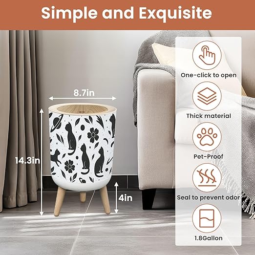 Bathroom Trash Can with Lid Mystic cat Anime Tattoo Space Japanese Black Tatoo cat Girl Garbage Bin Waste Basket for Kitchen Office Bedroom Decoration Diaper Pail 1.8 Gallon