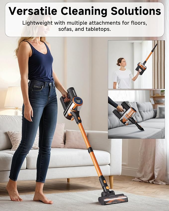 MOMAX Vacuum Cleaner for Home – Cordless Stick Vacuum with Powerful Suction Rechargeable Lightweight 45 Mins Runtime for Carpet Hard Floors Pet Hair Cat Litter (Orange &amp Black)