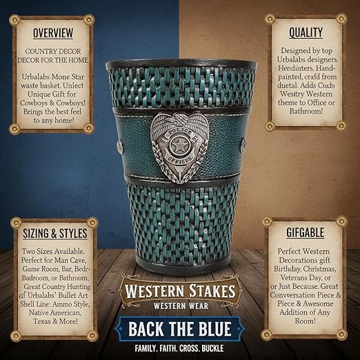 Urbalabs Police Officer Back The Blue Thatch Bathroom Trash Can Office Western Waste Basket Family Faith Cross Buckle Country Wastebasket Office Wire Garbage Can Cowboy Gun Decor Bathroom Decor