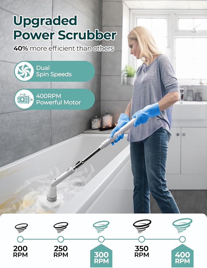 Sweepulire Electric Spin Scrubber for Cleaning Shower Scrubber with Long Handle 2 Spin Speeds Bathroom Scrubber with 8 Replacement Heads Bath Tub Cleaner Brush for Floor Tub Shower Tile