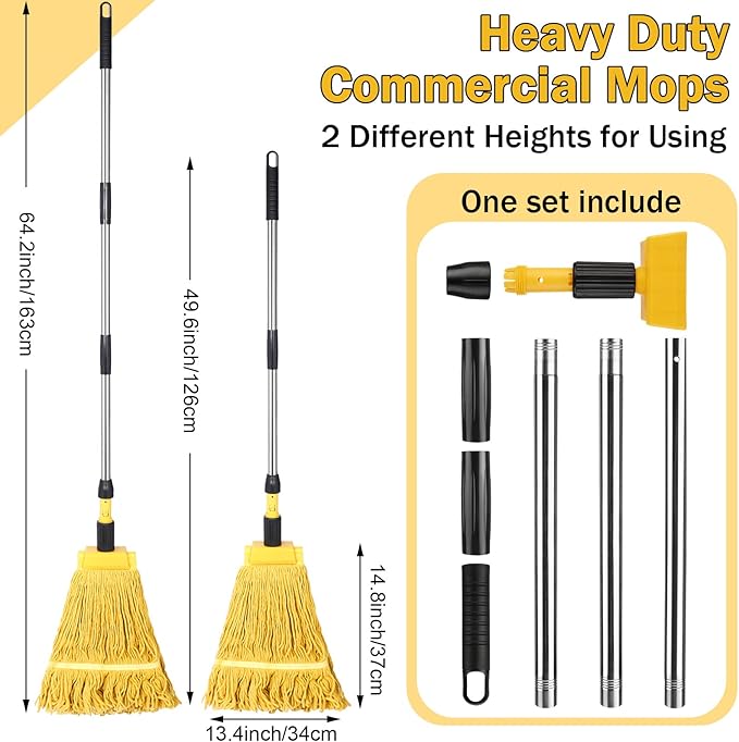 Gejoy 2 Sets Looped End Commercial Mop Heavy Duty Industrial Mop with 4 Mop Replacement Heads Stainless Steel Pole Iron Clamp Cotton Mops for Floor Cleaning Dust Wood Floor Kitchen Blue Yellow