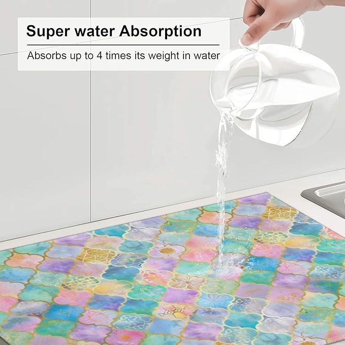 Absorbent Dish Drying Mat For Kitchen Counter Rainbow Morocco Microfiber Dish Drying Pad 18x24 Inch Kitchen Gadgets For Easy Clean Multi-Use
