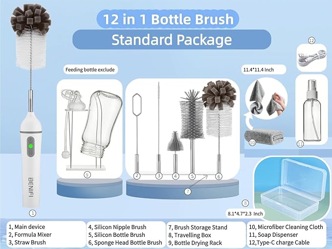 Electric Bottle Cleaner Pro 11 in 1 Baby Bottle Brush with Drying Rack Sponge Brush Silicon Brush Formula Mixer Nipple Brush Soap Dispenser Microfiber Cleaning Cloth Included