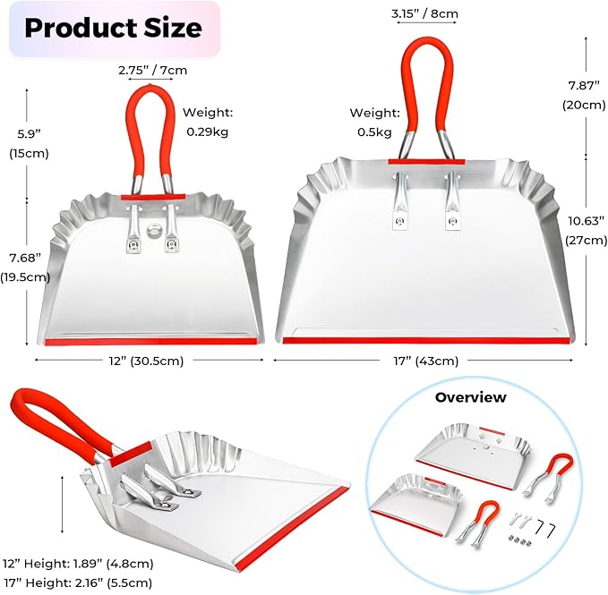 2 Pack Metal Dust Pan 17 and 12 Aluminum Heavy Duty Dust Pans with Non-Slip Rubber Handle Large and Small Dustpan Set Lightweight for Sweeping Garage Leaf Household &amp Outdoor Cleaning