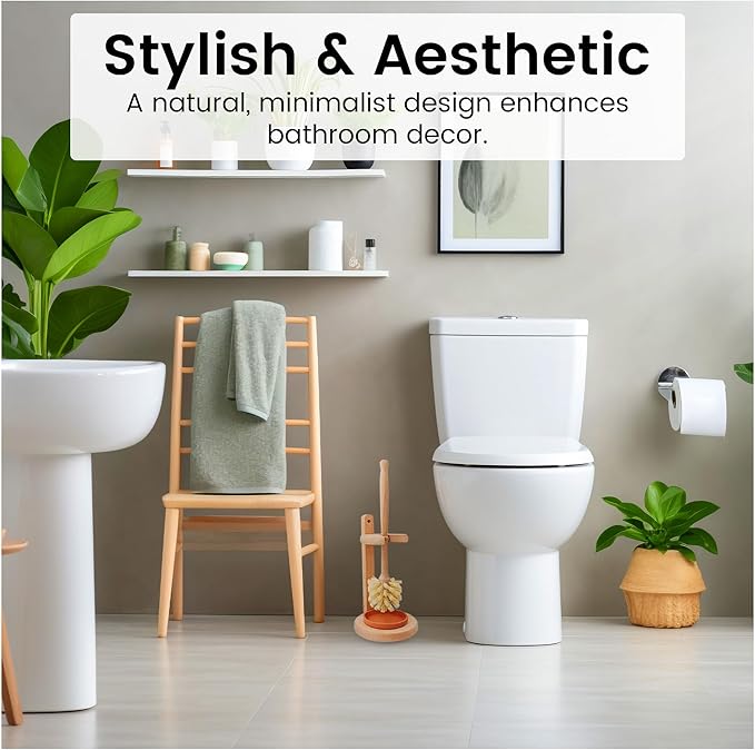 Toilet Bowl Cleaner Brush with Holder 14 Inch Extra Long German Beechwood Handle Strong Hemp Bristles Ceramic Drip Tray Biodegradable