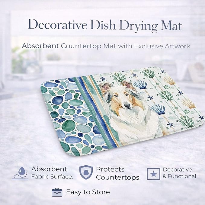 Caroline's Treasures White Collie Coastal Sea Glass Dish Drying Mat Absorbent Dish Drying Mat Pad for Kitchen Counter Dish Drainer Mat for Countertop 14 x 21 Multicolor