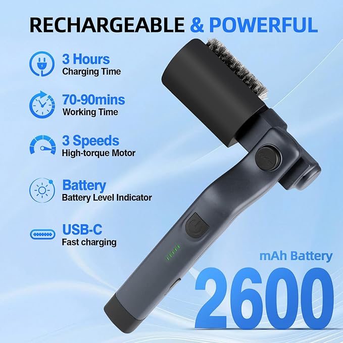 Upgraded Electric Grill Brush Cordless Rechargeable Grill Cleaning Brush with Adjustable Angle Stainless Steel Brush Head 3-Speed Power 90-Min Runtime Waterproof Cleaner for BBQ Grates (Gray)