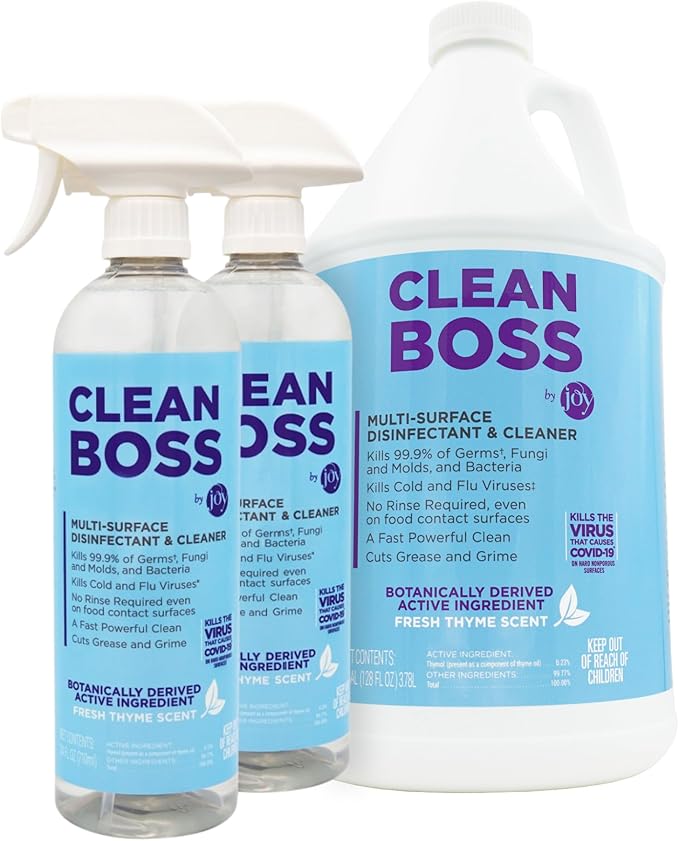 CleanBoss Botanical Disinfectant - 24 oz 2 Pack and 128 oz Jug Bundle - Multi-Surface Cleaner - Kills 99.9% of Germs + Cold &amp Flu Viruses - No Rinse on Food Contact Surfaces - Pet Friendly