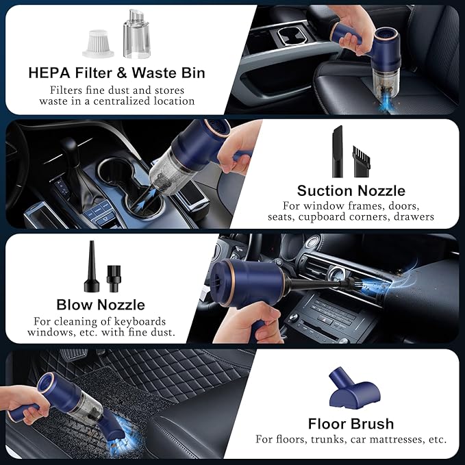KMM Handheld Car Vacuum Cleaner 9000Pa Vacuum Cleaner and Air Duster 120W High Power Hand Held Vacuum with LED Light and Multi-Nozzles for Car Home Office Pet