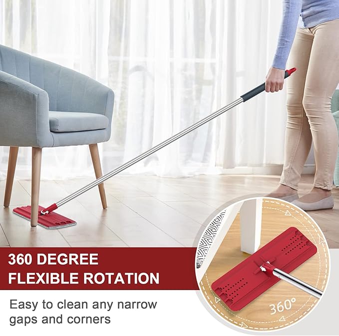 Hands-Free Mop and Bucket Set with 3 Washable Pads Wet/Dry Floor Cleaning System Red/Black