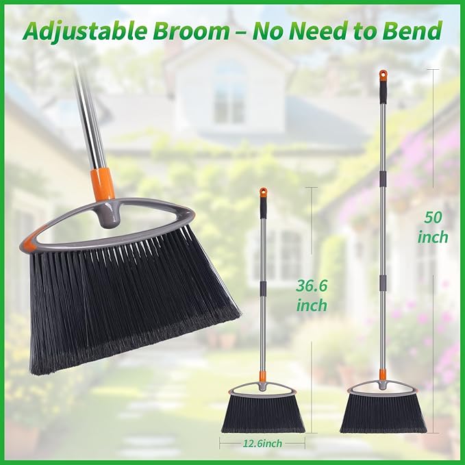 2 Pack Soft Bristle Broom Heavy Duty Broom with Collapsible Handle Ideal for Indoor Outdoor Hardwood Floors Kitchen Salon Camping Cat Pets Hair Home Room Office Sturdy and Durable Gray