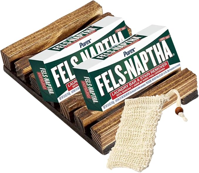 Fels-Naptha Laundry Detergent Bar Soap and Stain Remover Bundle - Includes TWO Fels-Naptha Laundry Bar 1 Bamboo Soap Holder 1 Sisal Soap Bag DIY Laundry Detergent Recipe and Best uses of Fels Soap