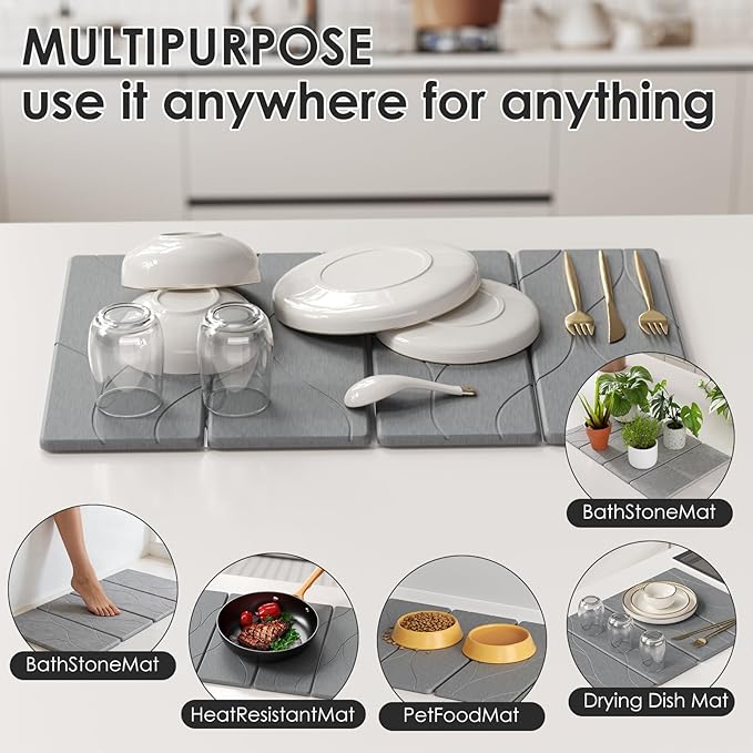 3 PCS Large Stone Dish Drying Mat for Kitchen Counter -24x16 Absorbent Diatomaceous Earth Mat with Stone Faucet Mat &amp Soap Tray - Quick Dry Collapsible Non-Slip Countertop Organizer