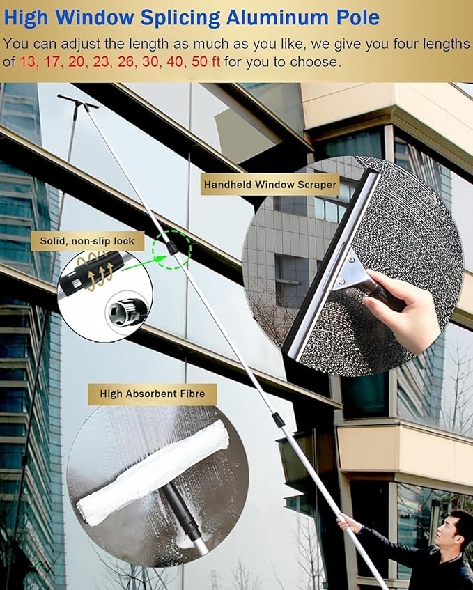 BABYCE Third Floor High Window Glass Cleaner Tool Showroom Office Outdoor Window Washing Kit Equipment with Aluminum Telescopic Pole Multifunctional(12M/39.4ft)