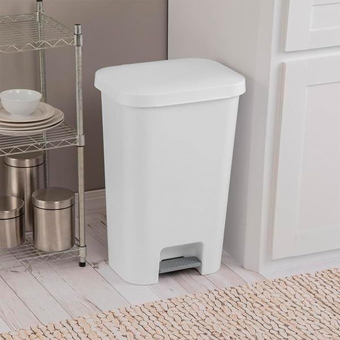 Sterilite 11.9 Gallon Rectangular Step On Kitchen Plastic Indoor Wastebasket with Wide Opening Lid and Comfort Handle for Home White (12 Pack)