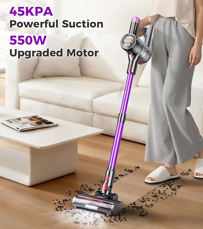 Cordless Vacuum Cleaner 550W/45Kpa/60Mins Stick Vacuum Anti-Tangle Vacuum Cleaners for Home with Self-Standing LDE Display 8-in-1 Wireless Vacuum for Carpet Pet Hair Hardfloor