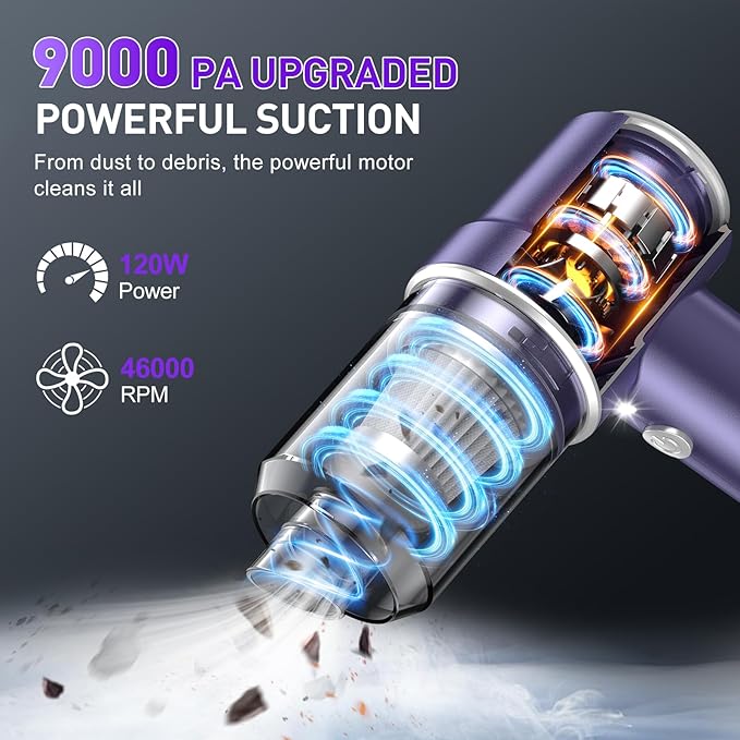 KMM Handheld Car Vacuum Cleaner 9000PA Vacuum Cleaner &amp Air Duster 120W High Power Vacuum Portable Cordless Hand Held Vacuum Rechargeable with Multi-Nozzles &amp LED Light for Home Car Offic