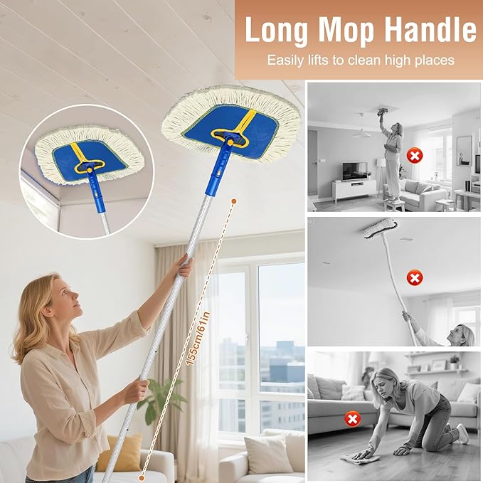 Commercial Dust Mop for Hardwood Floors Cleaning Heavy Duty Industrial Dry Mop with Wedge Cotton Mop Pads for Walls CleanerTileVinylLaminate Floor Duster Broom for Home and Business Use