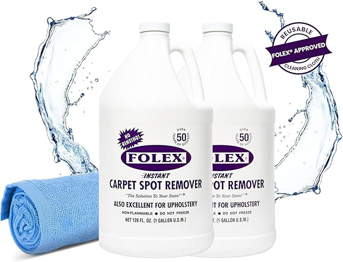 FOLEX Instant Carpet Spot Remover 128 oz - Powerful Stain Remover for Carpets Upholstery &amp Rugs - Eliminates Pet Stains Grease Red Wine Food Makeup &amp More - With Reusable Cleaning Cloth -