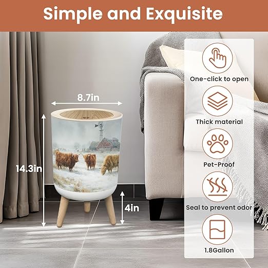 Bathroom Trash Can with Lid Farmhouse Decor Cow Pictures Red Barn Winter Snow Scene Rustic Home Garbage Bin Waste Basket for Kitchen Office Bedroom Decoration Diaper Pail 1.8 Gallon