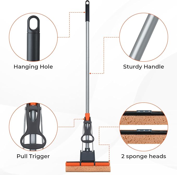 Sponge Mops for Floor Cleaning with 2 Cellulose Mop Head Refills and 55” Long Handle Heavy Duty Roller Mop Easy Self Squeeze for Hard Wood Tile Concrete Bathroom or Kitchen Floor Wall Ceiling