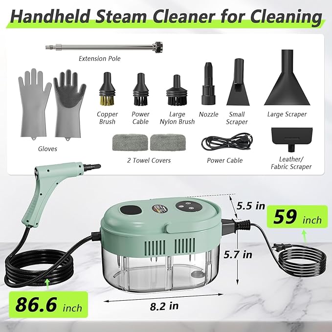 Steam Cleaner Handheld Steam Cleaner with 6 Levels Adjustable Handle 1.5L Water Tank Steamer for Cleaning Portable Steam Cleaner for Home Car Furniture Couch Bed Bugs (Green)