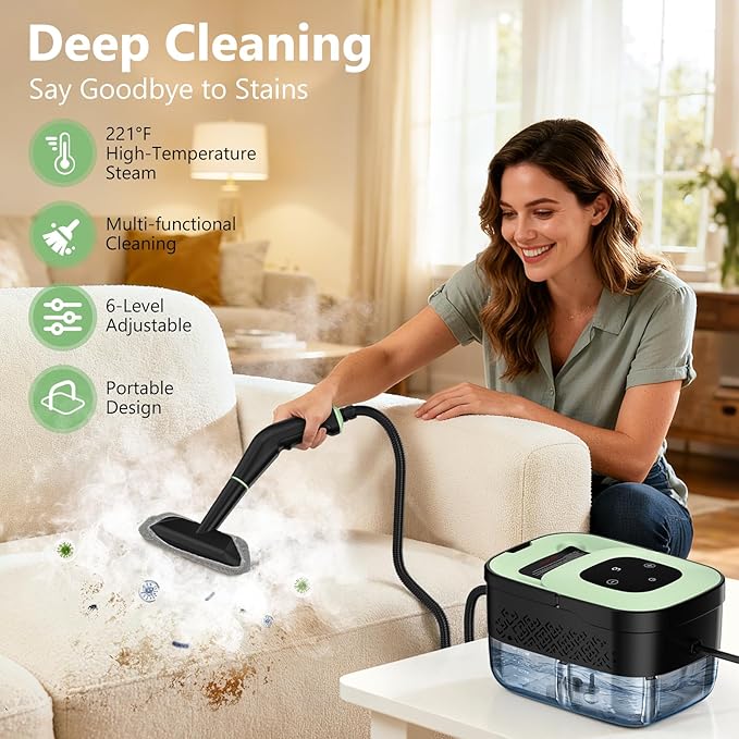 Steam Cleaner Portable Steamer for Cleaning with 16pcs Accessories 6-Level Adjustable 15s Heat-Up Handheld Steam Cleaner for Home for Tile Grease Dirt Grout Car Detailing Green