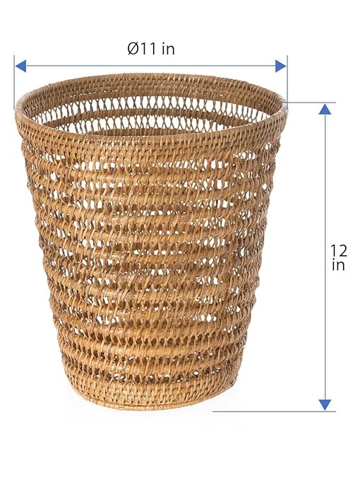 KOUBOO La Jolla Rattan Mesh Round Waste Basket Garbage Container Bin Wicker Waste Basket Woven Trash Can Rubbish Basket for Bedroom Bathroom 11 x 11 x 12 Honey Brown
