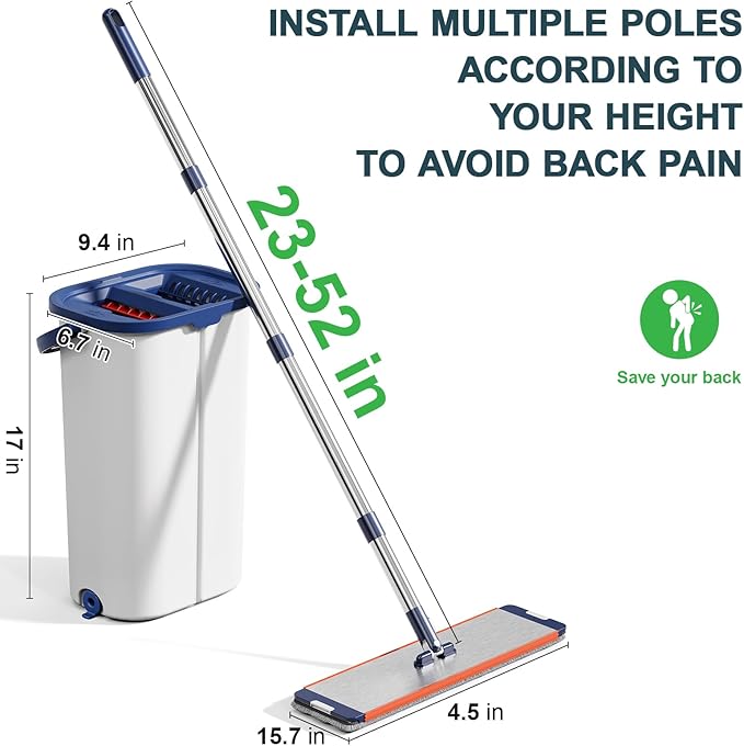Large Mop and Bucket System with Wringer Set Hands-Free Flat Mops for Floor Cleaning Mopping Bucket System with 8 Washable Microfiber Pads for Wet and Dry Use Home Windows and Wall Cleaner Mop