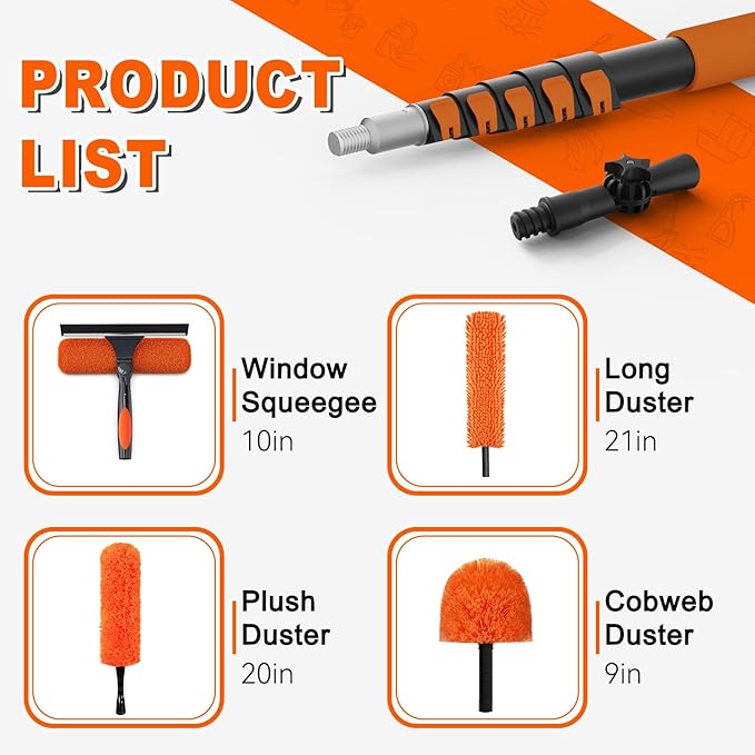 30FT Reach High Ceiling Duster Kit Window Cleaning kit with 5-24FT Extension Pole Fan Duster for Ceiling Fan Blades Microfiber Feather Duster Rotatable Window Squeegee and Cobweb Duster