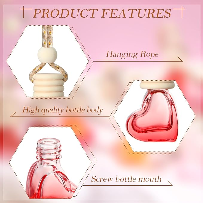 Rtteri 100 Pcs Hanging Car Air Freshener Diffuser Bottles Empty Glass Perfume Diffuser Vials Refillable Oil Aromatherapy Pendant with Wooden Caps and Hanging String for Car Home Office Decor(Heart)