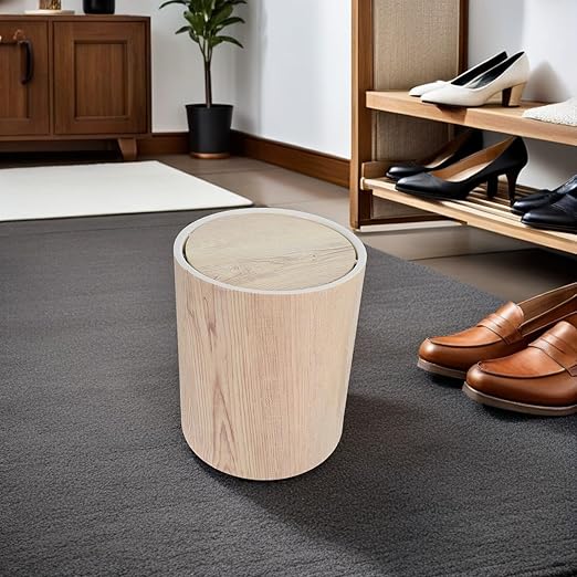 Garneck Large Wood Grain Plastic Trash Can with Flip Top Lid Space-Saving Round Farmhouse Wastebasket for Bedroom Dining Room Kitchen Noiseless Bin for Office Hotel Households