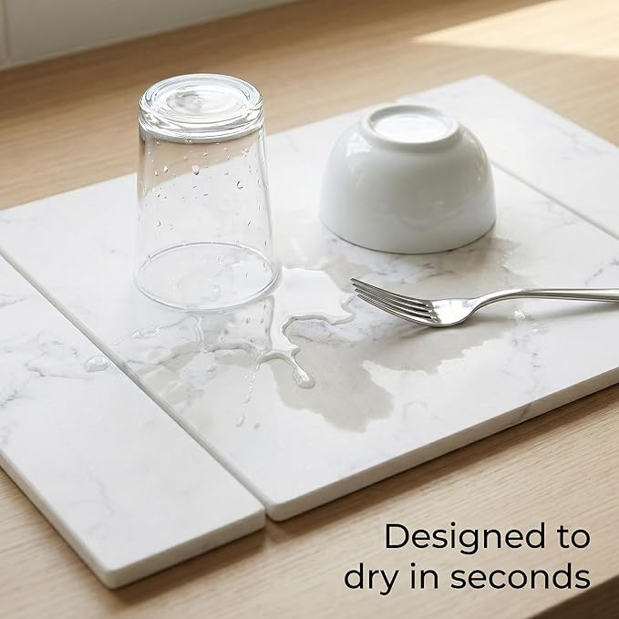 Selegna Collapsible Stone Drying Mat for Kitchen Counter – Tri-Panel Dish Drying Mat Made from Diatomaceous Earth | Quick Dry Diatomite Mat for Sink Countertop &amp Dishes (White)