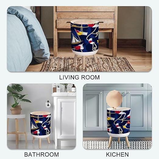 Small Trash Can with Lid Navy Flags Ropes Blue Seamless Nautical Style for 1.8 Gallon/7L Garbage Can Waste Bin with Press Top Lid Legs Waste Basket for Bathroom Kitchen Bedroom