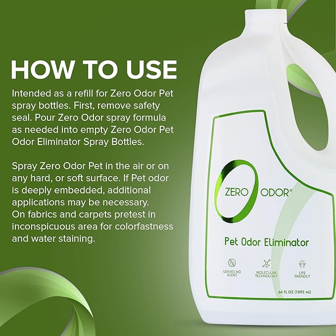 Zero Odor - Pet Odor Eliminator for strong odor Eliminate Air &amp Surface Odors – Patented Molecular Technology Best For Carpet Furniture Beds Smell Great Again 64oz Refill